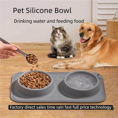 Silicone Pet Bowl Pet Drinking And Feeding Double Bowl Slow Food Bowl Non-slip And Anti-overflow Foldable Large Capacity Bowl