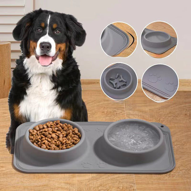 Silicone Pet Bowl Pet Drinking And Feeding Double Bowl Slow Food Bowl Non-slip And Anti-overflow Foldable Large Capacity Bowl