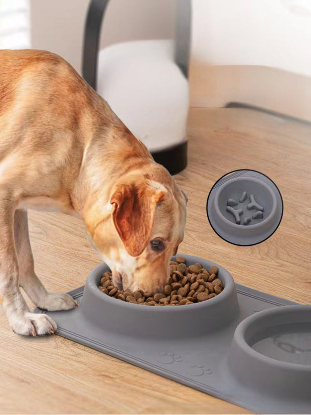 Silicone Pet Bowl Pet Drinking And Feeding Double Bowl Slow Food Bowl Non-slip And Anti-overflow Foldable Large Capacity Bowl